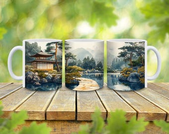 May include: Three white ceramic mugs with different scenic images. The first mug features a Japanese garden with a traditional building, the second mug shows a mountain landscape with a stone path, and the third mug depicts a lake with trees and a bridge.