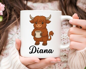 Personalizowany kubek Highland Cow, kubek Highland Cow do kawy, prezent dla miłośnika Highland Cow, prezent dla niej, słodki prezent Highland Cow, prezent świąteczny