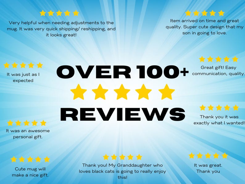 Puede incluir: Un fondo azul con rayos de luz blancos que irradian desde el centro. El texto "OVER 100+ REVIEWS" est&aacute; en letras negras en negrita. Hay cinco estrellas amarillas debajo del texto. La imagen est&aacute; rodeada de rese&ntilde;as de clientes con cinco estrellas amarillas cada una.