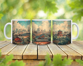 May include: Three white ceramic mugs with a vintage style image of a Japanese cityscape. The mugs feature a red temple, buildings, and trees. The cityscape is printed on both sides of the mugs.