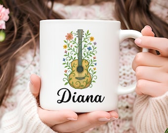 Personalized Guitar Coffee Mug: Floral Music Lover Gift