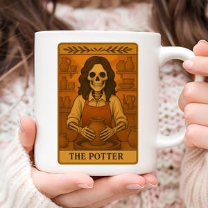 The Potter Tarot Card Mug, Pottery Coffee Mug, Pottery Lover Gift, Gift for Her, Halloween Mug, Tarot Card Gift, Skeleton Mug, Artisan Mug