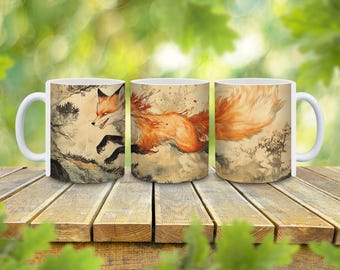 Personalized Japanese Fox Coffee Mug, Asian Art Gift