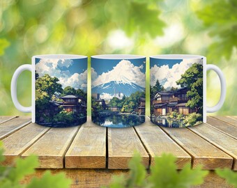 May include: Three white ceramic mugs with a scenic image of a Japanese mountain village. The mugs feature a blue sky, white clouds, green trees, and a mountain in the background. The mugs are perfect for enjoying a hot beverage.