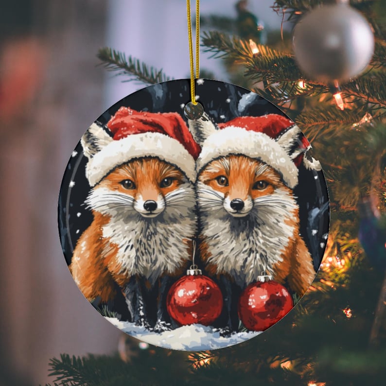 Peut inclure: Une d&eacute;coration de No&euml;l repr&eacute;sentant deux renards portant des bonnets de P&egrave;re No&euml;l et tenant des boules rouges. Les renards sont entour&eacute;s d'un fond enneig&eacute;.