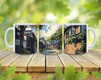 May include: Three white ceramic mugs with a Japanese street scene design. The mugs feature a narrow street lined with traditional Japanese houses, a stone wall, and lush greenery. The scene is painted in a vibrant, colorful style.