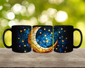 天体の月と星のマグカップ ステンドグラス模様 陶器コーヒーカップ