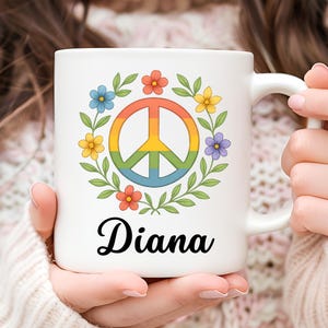 Personalized Peace Sign Mug, Peace Coffee Mug, Peace Lover Gift, Gift for Her, Floral Mug, Peace Sign Cup, Inspirational Mug, Christmas Gift