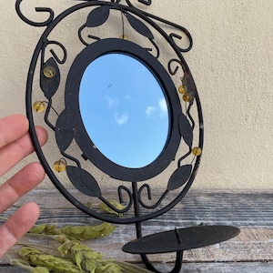 Antique metal wall candle holder with oval mirror, rustic hanging wall candle holder with mirror
