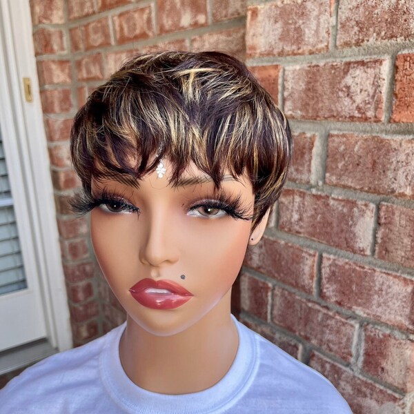 PIXIE CUT, Name - Positive Mindset, Short Pixie Wig, Brazil Human Hair, Brown and Blonde mix