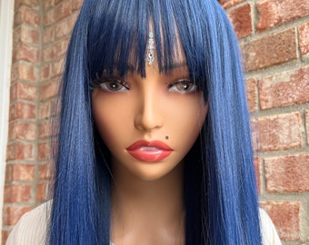 SYNTHETIC *Healing Wig*, Name - ENERGY, Wavy with Bangs, 26", Color -Indigo Blue, Heat Resistant, Cap Size -22.5 (Medium), Affordable Wigs