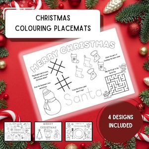 May include: Christmas-themed coloring placemats with the text "CHRISTMAS COLOURING PLACEMATS". The placemats feature various activities, including tic-tac-toe, a snowman drawing activity, and a maze. The text "MERRY CHRISTMAS" is also visible. Four designs are included.