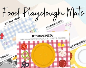 May include: A set of six colorful play dough mats featuring different food themes. The mats include a pizza, cake, spaghetti, ice cream, donuts, and breakfast. Each mat has a blank space for play dough and various toppings to add.
