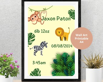 Stampa con i dati di nascita degli animali della giungla: decorazione personalizzata per la cameretta, regalo ricordo per neonati (download digitale)