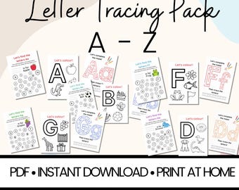 May include: A printable letter tracing pack for kids featuring the alphabet from A to Z. Each page includes a letter, a maze, a color-in picture, and a find-the-letter activity. The pack is designed for preschool and kindergarten children.