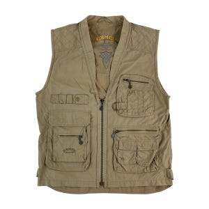 May include: Khaki-colored vest with multiple pockets and a zip-up front. The vest has a V-neck and a quilted shoulder design. The "Camel Collection" logo is visible on the chest pocket. The vest is made of a durable, lightweight fabric.