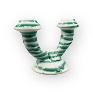 Austria Handpainted Gmundner Keramik Kerzenleuchter 2-armig Grüngeflammt Handcrafted Keramos Dishes