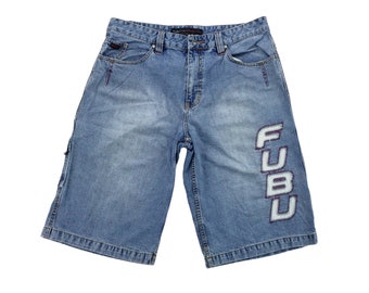 Moderne Y2K Men Fubu Denim Shorts - W34 Größe männliche Hose gebrauchte Unterseite