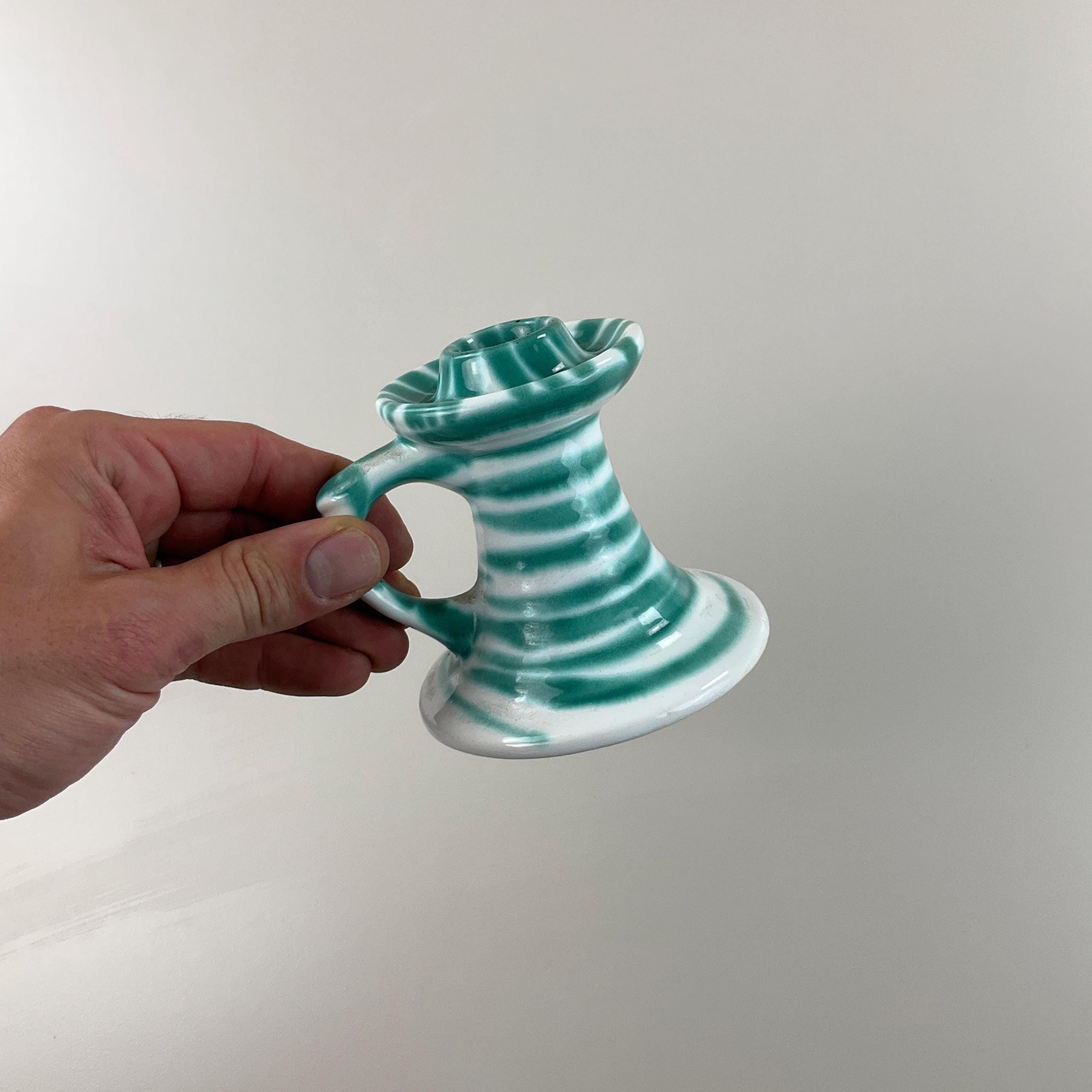 Austria Handpainted Gmundner Keramik Kerzenständer Grüngeflammt