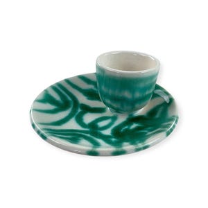 Austria Handpainted Gmundner Keramik Eierbecher mit Unterteller Grüngeflammt Handcrafted Keramos Dishes