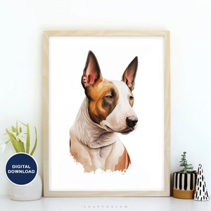 Amerikanischer Bullterrier Aquarell Wandkunst zum ausdrucken, Bullterrier digitaler Download, Hundeliebhaber Kunstwerk, Hund Malerei, Tierportrait