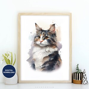 Portrait aquarelle de chat bobtail américain art mural imprimable peinture pour animaux de compagnie en téléchargement numérique, dessin de chat bobtail pour les amoureux des chats