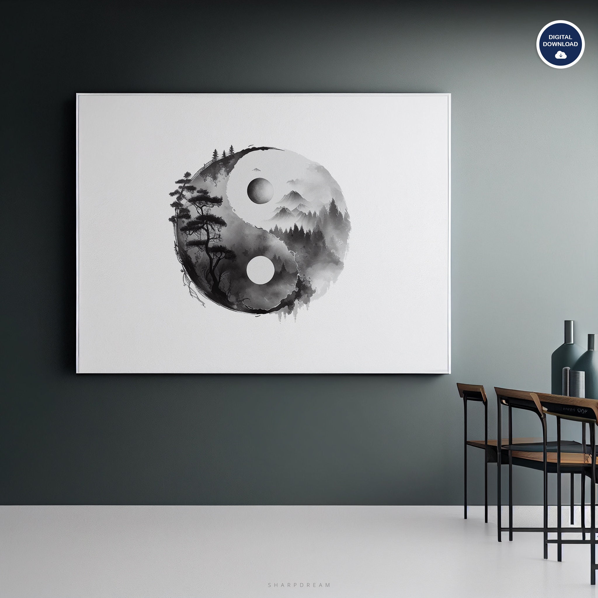 Black and White Yin Yang Wall Art, Spiritual Print, Taoism Art, Yoga ...