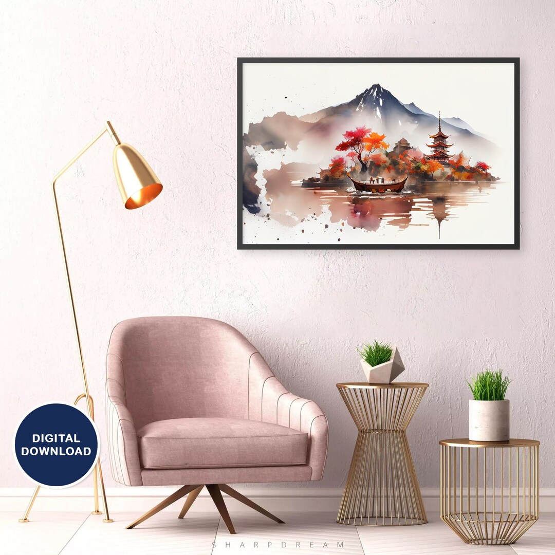 Traditional Japanese Painting Printable, Mount Fuji, Sakura, Exclusive