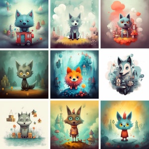 Cartoon Wolf Printable Clipart Bundle, Cute Wolves Nursery Wall Art Collection Digital Download, Animal Graphics Poster Set, Commercial Use image 3