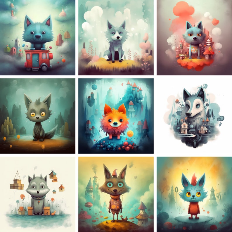 Cartoon Wolf Printable Clipart Bundle, Cute Wolves Nursery Wall Art Collection Digital Download, Animal Graphics Poster Set, Commercial Use image 3