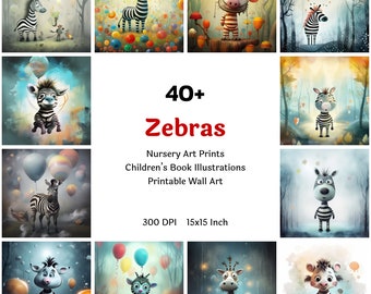 Cartoon Zebra Printable Clipart Bundle, Cute Zebras Nursery Wall Art Collection Digital Download, Animal Graphics Poster Set, Commercial Use