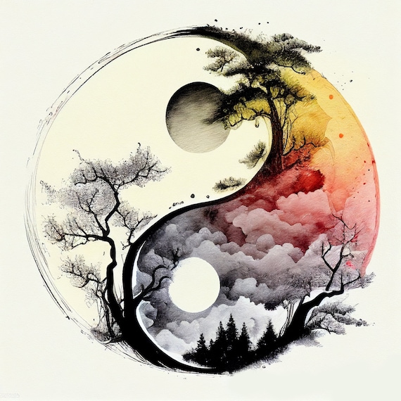 Yin Yang Printable, Ying Yang Aquarell Kunstwerk, Meditation