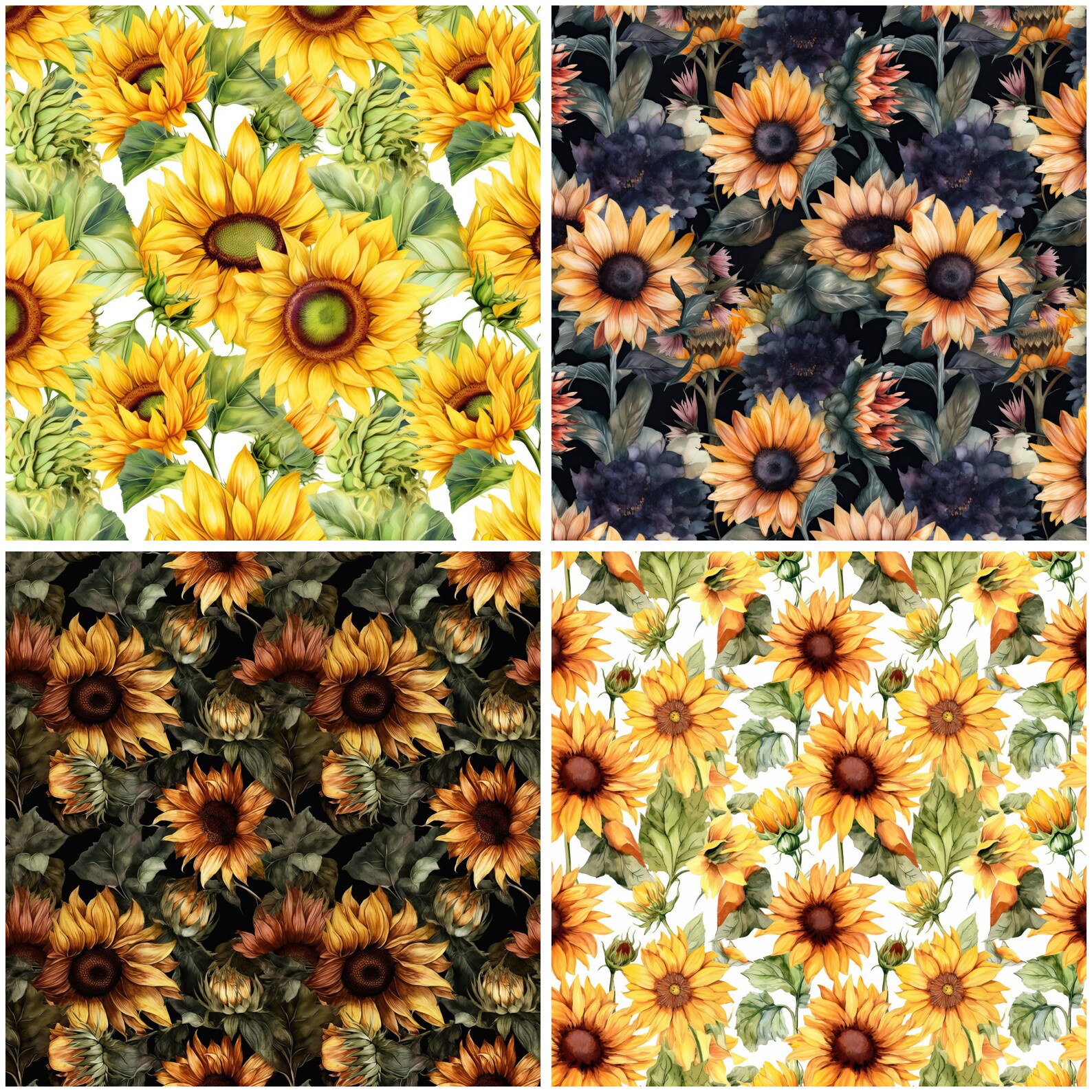 Watercolor Sunflowers Seamless Pattern Digital Paper Background Bundle ...