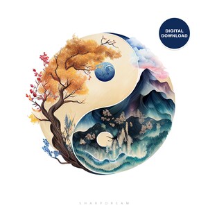 May include: A yin yang symbol with a stylized tree on one side and a mountain range on the other. The tree is in autumn colors, while the mountain range is in shades of blue and green.