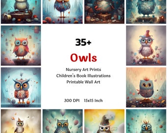 Cute Owl Nursery Art Printable Collection, Print Set, Owls Painting Clipart Bundle, Watercolor Wall Art Nursery, Commercial Use