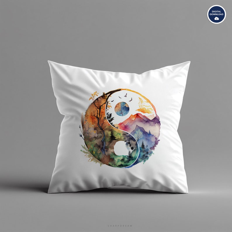Zen Yin-yang Balance Printable Art, Watercolor Digital Wall Decor