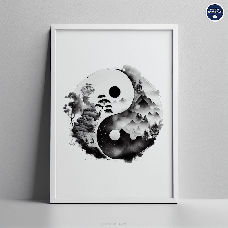 Yin and Yang Instant Download, Watercolor Ying Yang Printable Wall Art, Spiritual Yin Yang Decor To Print, Black and White Ying Yang Poster image 3