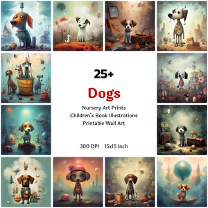 かわいい犬の保育園用アートプリントコレクション、プリントセット、犬の絵画クリップアートバンドル、水彩画の子犬の保育園用ウォールアート、商用利用可