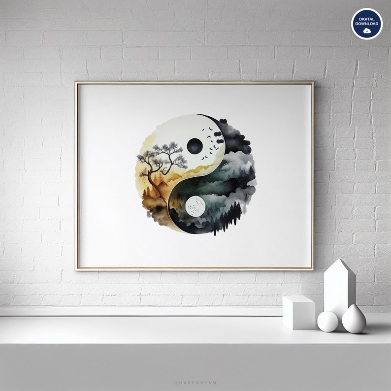 Yin Yang Wall Art Printable, Zen Yinyang Poster, Watercolor Ying and