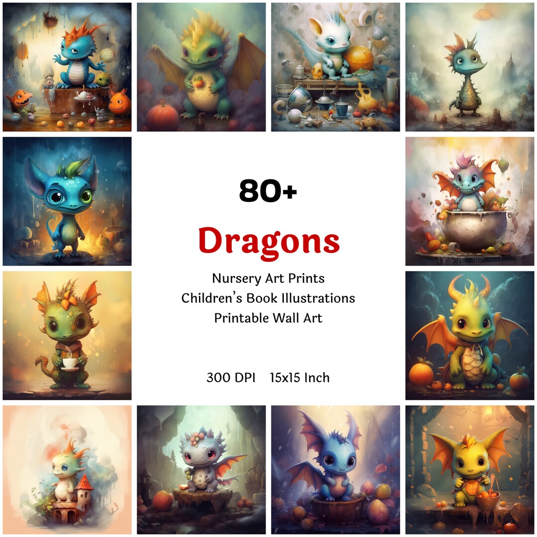 Cute Dragon Printable Clipart Bundle, Cute Dragons Nursery Wall Art ...