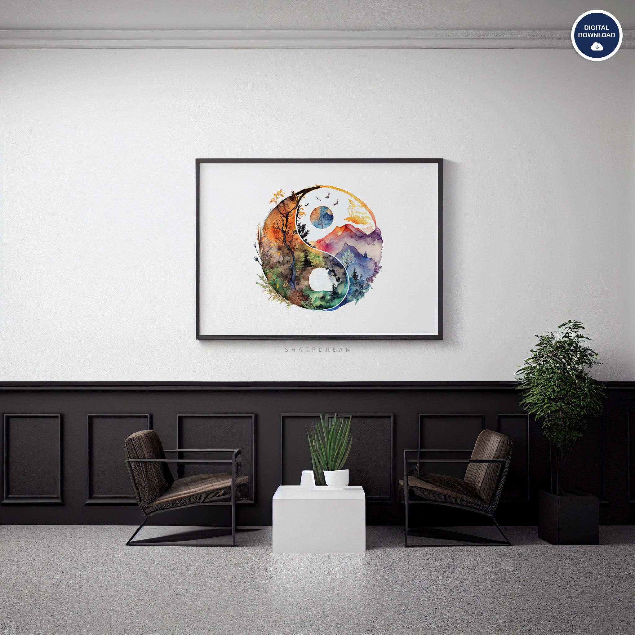 Zen Yin-yang Balance Printable Art, Watercolor Digital Wall Decor