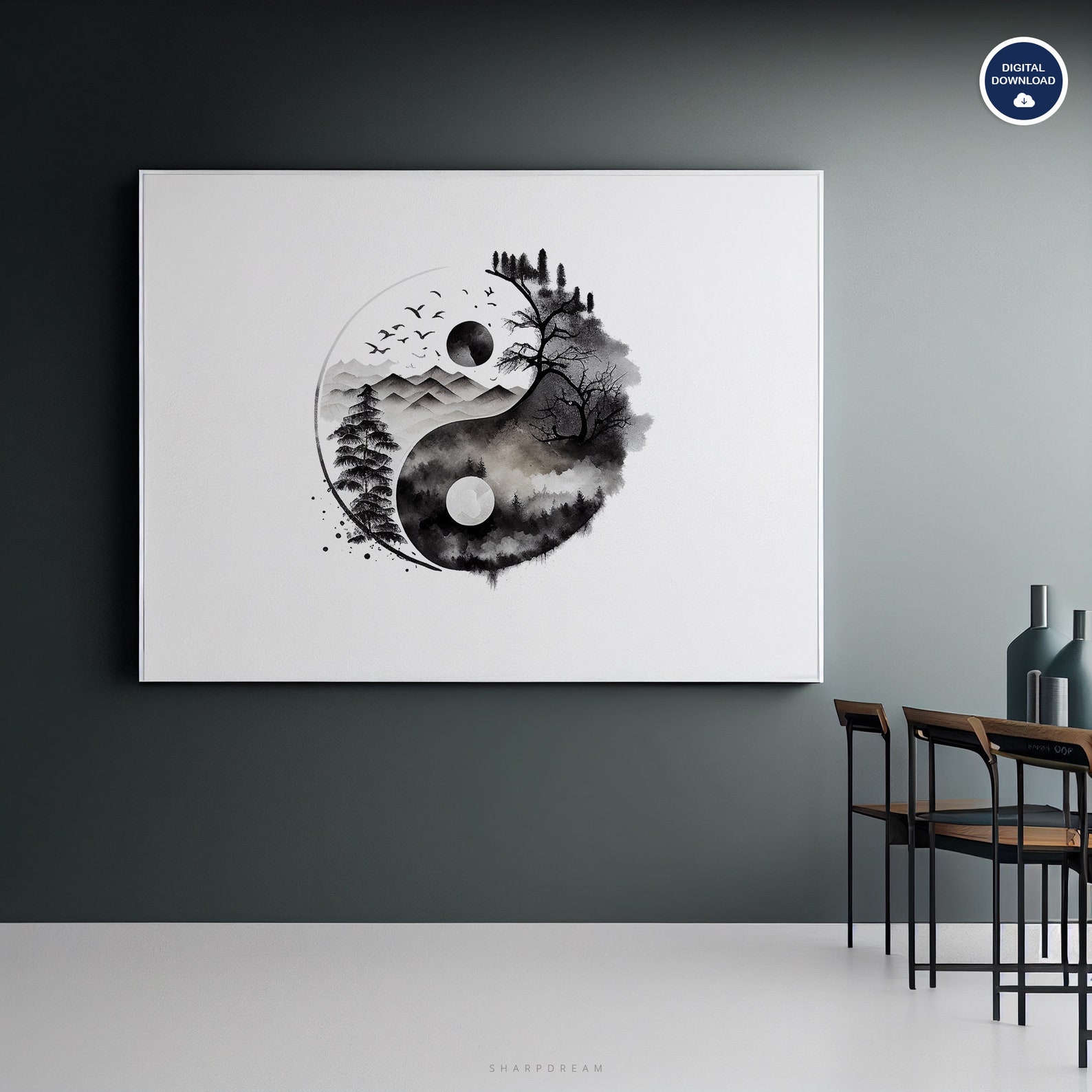 Black and White Yin and Yang Wall Art Printable, Abstract Ying Yang ...
