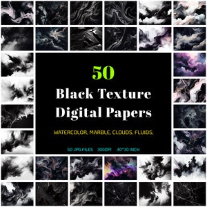 May include: A set of 50 digital papers featuring black watercolor, marble, cloud, and fluid textures. The papers are 300 DPI and measure 40 inches by 30 inches.