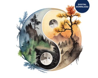 Watercolor Yin-Yang Printable on Wall Art, Posters, T-shirts, Mugs, Bags, Pillows, Stickers, Digital Download, Printable YinYang File