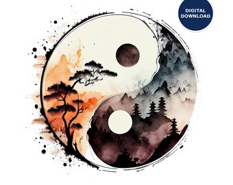Watercolor Yin-Yang Printable on Wall Art, Posters, T-shirts, Mugs, Bags, Pillows, Stickers, Digital Download, Printable YinYang File