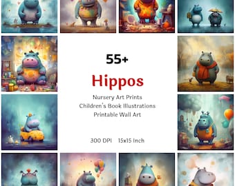 Cartoon Hippo Printable Clipart Bundle, Cute Hippos Nursery Wall Art Collection Digital Download, Animal Graphics Poster Set, Commercial Use