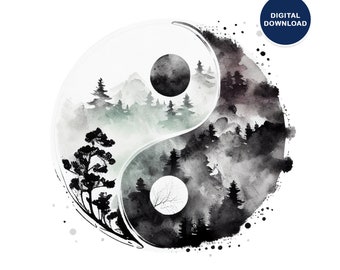 Yin yang wall art  printable, Spiritual print, Black and White Ying yang poster , Yoga Wall Decor, Printable wall art, Digital Download