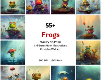 Cartoon Frog Printable Clipart Bundle, Cute Frogs Nursery Wall Art Collection Digital Download, Animal Graphics Poster Set, Commercial Use