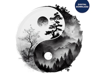 Black and White Yin yang wall art, Spiritual print, Taoism Art, Yoga Wall Decor, Printable wall art, Digital Download