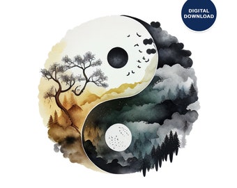 Yin Yang Wall Art Printable, Zen Yin-Yang Poster, Watercolor Ying and Yang Instant Download, Abstract Yoga Studio Ying Yang Art Print